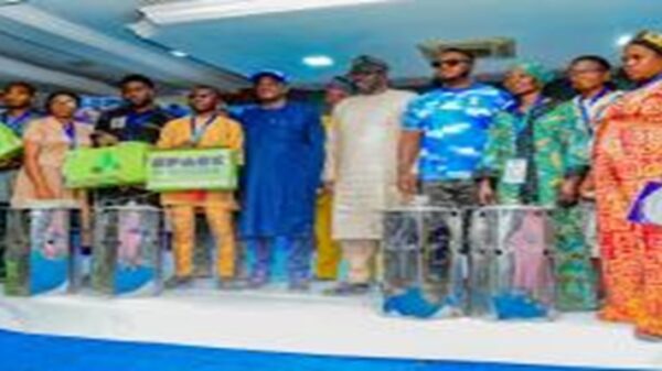 The Executive Vice Chairman of NASENI represented by Director, Information, New Media and Protocol, Mr. Olusegun Ayeoyenikan (4th from right) and Senator representing Oyo South Senatorial district, Sen. Sharafadeen Abiodun Alli represented by Director-General, Senator Sharafadeen Alli Campaign Council, Asiwaju Yemi Aderibigbe (5th from left) in a group photograph with some beneficiaries of NASENI Sustainable Empowerment Programme in Oyo State on Wednesday, 16th September, 2026.