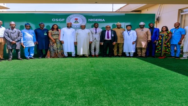 Secretary to the Government of the Federation (SGF), Sen. George Akume (8th from left); Executive Vice Chairman/CEO, National Agency for Science and Engineering Infrastructure (NASENI), Mr. Khalil Suleiman Halilu (7th from left); Director, Manufacturing Services and the Chairman, NASENI Inter and Intra Agency Innovation and Award Competition NASENI, Engr. Dr. Olasupo (4th from Left); Director, Information, New Media and Protocol NASENI, Mr. Segun Ayeoyenikan (6th from right); Head of NASENI Innovation Hub, Mrs. Busola Beckely Folayan-Perez (6th from left) and the winners of the Intra and Inter Agency Innovation and Award Competitions during their presentation to the SGF in his office on Tuesday, 8th September, 2026 in Abuja.