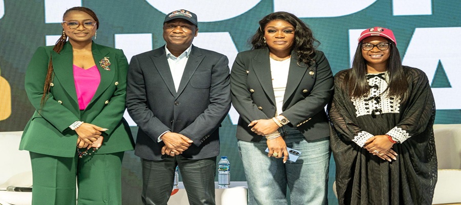 L-R: Morayo Afolabi-Brown, Executive Producer and Host of The Morayo Show; Dr. Obafemi Hamzat, Deputy Governor of Lagos State; Tosin Adefeko, Convener, PodFest Naija/CEO, AT3 Resources – The Muvmnt Agency; and Princess Damilola Sonayon-James, Deputy Governorship Candidate of the All Progressives Congress (APC) in Lagos State, during the second edition of PodFest Naija 2026 at Harbour Point.