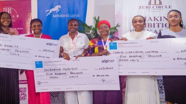 L-R: Head alpher, Union Bank of Nigeria, Mrs. Aderonke Chukwudeme; Founder, Bequeenz Beauty, Ms. Esther Harmony Elois; Founder, Atas Nutraboom Nutrition, Ms Oluwakemi Olaniyan; Founder, Gadesh & Co Nigeria Limited; Ms. Abojukoro Ganiyat Adeshola; Head SME Banking, Union Bank of Nigeria, Mrs. Gloria Omereonye, and Founder, Zuri Circle Network, Ms. Linda Obi during the Bank’s presentation of grants to business pitch winners at the Fearless Female Founders (FFF) 2.0 programme at Vibranium Valley, Local Airport Road, Ikeja, Lagos recently.
