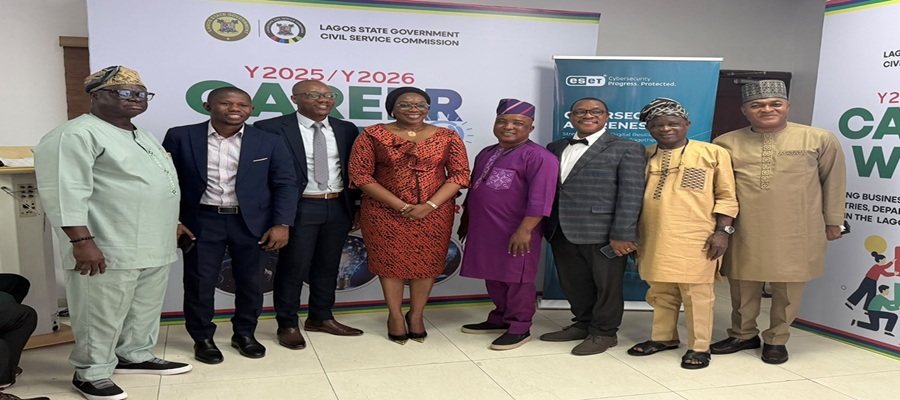 Cross-section of Dignitaries at the Lagos State Civil Service Commission Career Week 2026. L-R: Mr Afolabi Sobowale – Commission Member III CSC, Olabanji Soledayo – Strategic Partnership Manager ESET Nigeria, Olufemi Ake-MD ESET Nigeria, Mrs Boladele Dapo-Thomas – Chairman Civil Service Commission, Mr Lateef Yahaya – Commission Member II CSC, Mr Bola Agbabiaka – Permanent Secretary Civil Service Commission, Mr Rufus Adedapo Adekoya – Commission Member IV CSC, Mr Babatunde Aragbada – Director Career Management Directorate CSC