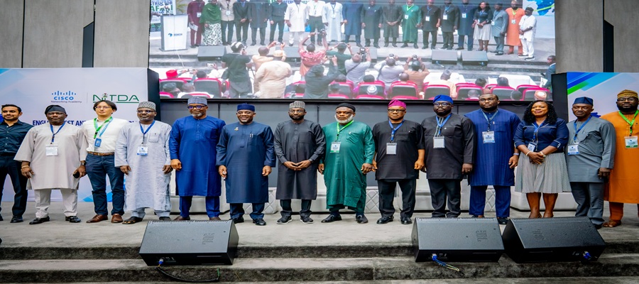 The Director General of the National Information Technology Development Agency (NITDA), Kashifu Inuwa, in a group photograph alongside the Honourable Minister of Education, Dr. Tunji Alausa; Cisco West Africa General Manager, Abdulaziz Saeed; and other dignitaries at the English West and Central Africa Instructor Safari Conference 2026.