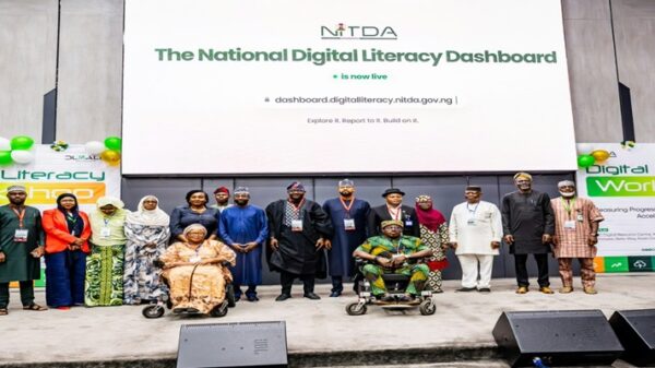 Director General NITDA Kashifu Inuwa CCIE (middle) flanked by other supporting partners at the formal lauching of the National Digital Literacy Dashboard in Abuja.