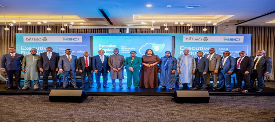 Middle from L-R, DG NITDA Kashifu Inuwa CCIE and CBN's Director of Payment System Supervision, Mrs Rakiya Yusuf Opeyemi in a group photograph with directors from both NITDA and CBN during the Executive Regulatory Dialogue on NSCI Implementation and Data Localisation event held in Lagos state yesterday.