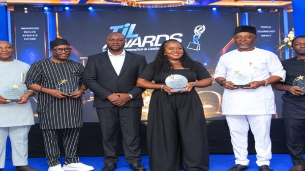 L-r: Chike Onwuegbuchi, Prince Osuagwu, Peter Oluka, Louisa Olaniyi, Emma Okonji, and Adeyemi Adepetun, at the inaugural TiLAwards