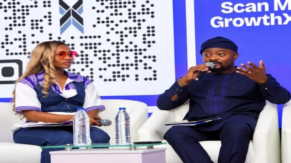 Joan Aimuengheuwa, managing editor at Techeconomy, and Kehinde Ogundare, Country Head, Zoho Nigeria, during a fireside chat at GrowthX by Techeconomy