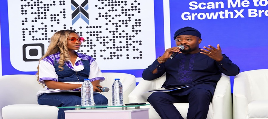 Joan Aimuengheuwa, managing editor at Techeconomy, and Kehinde Ogundare, Country Head, Zoho Nigeria, during a fireside chat at GrowthX by Techeconomy
